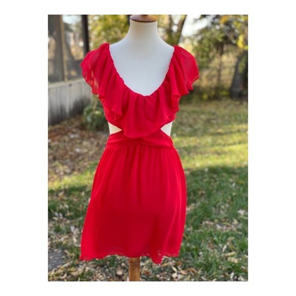 Wet Seal Red Mini Dress Waist Cut-Out Ruffle Scoop Collar Sleeveless Sz S - Picture 1 of 9